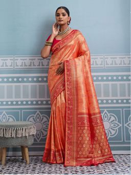 MEENA BAZAAR - Peach Art Silk Woven Saree with Unstitched Blouse Piece