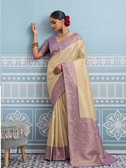 MEENA BAZAAR - Beige Art Silk Woven Saree with Unstitched Blouse Piece