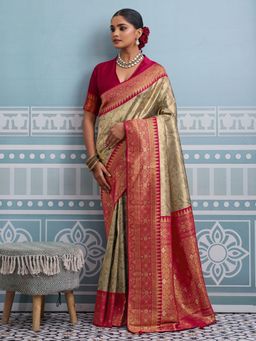 MEENA BAZAAR - Beige Art Silk Woven Saree with Unstitched Blouse Piece