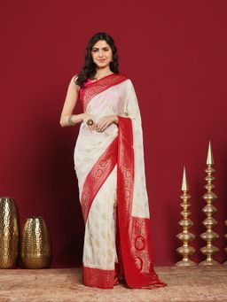 MEENA BAZAAR - Cream Crepe Woven Saree with Unstitched Blouse Piece
