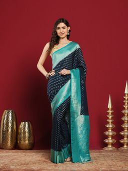 MEENA BAZAAR - Blue Crepe Woven Saree with Unstitched Blouse Piece