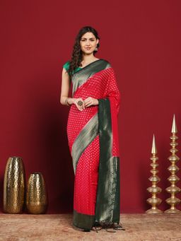 MEENA BAZAAR - Pink Crepe Woven Saree with Unstitched Blouse Piece
