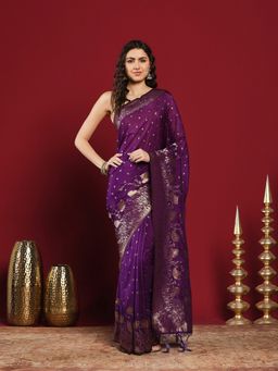MEENA BAZAAR - Purple Crepe Woven Saree with Unstitched Blouse Piece