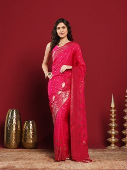 MEENA BAZAAR - Pink Crepe Woven Saree with Unstitched Blouse Piece