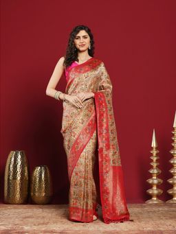 MEENA BAZAAR - Brown Satin Woven Saree with Unstitched Blouse Piece