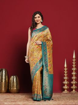 MEENA BAZAAR - Green Satin Woven Saree with Unstitched Blouse Piece