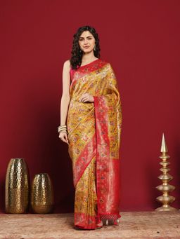 MEENA BAZAAR - Mustard Satin Woven Saree with Unstitched Blouse Piece