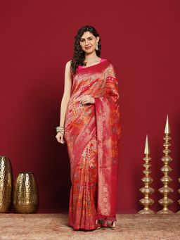 MEENA BAZAAR - Pink Satin Woven Saree with Unstitched Blouse Piece