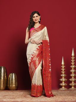 MEENA BAZAAR - Beige Art Silk Woven Saree with Unstitched Blouse Piece