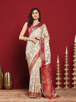 MEENA BAZAAR - Cream Satin Woven Saree with Unstitched Blouse Piece