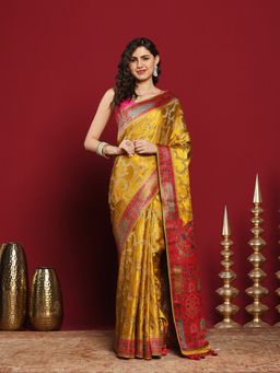 MEENA BAZAAR - Mustard Satin Woven Saree with Unstitched Blouse Piece