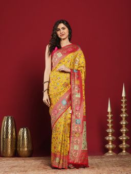 MEENA BAZAAR - Mustard Satin Woven Saree with Unstitched Blouse Piece