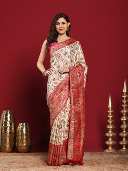MEENA BAZAAR - Beige Satin Woven Saree with Unstitched Blouse Piece