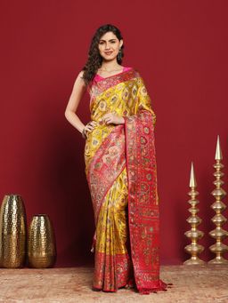 MEENA BAZAAR - Mustard Satin Woven Saree with Unstitched Blouse Piece