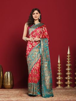 MEENA BAZAAR - Pink Satin Woven Saree with Unstitched Blouse Piece