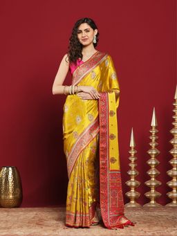 MEENA BAZAAR - Mustard Satin Woven Saree with Unstitched Blouse Piece