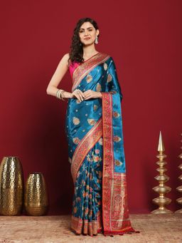 MEENA BAZAAR - Blue Satin Woven Saree with Unstitched Blouse Piece