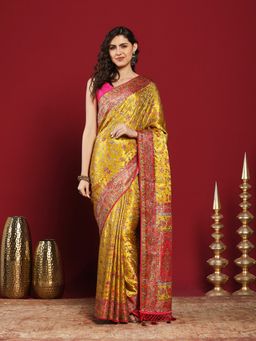 MEENA BAZAAR - Mustard Satin Woven Saree with Unstitched Blouse Piece