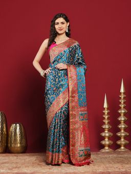 MEENA BAZAAR - Teal Satin Woven Saree with Unstitched Blouse Piece