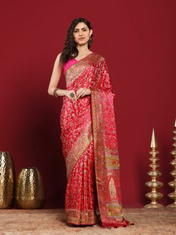 MEENA BAZAAR - Pink Satin Woven Saree with Unstitched Blouse Piece