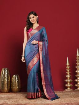 MEENA BAZAAR - Blue Art Silk Woven Saree with Unstitched Blouse Piece