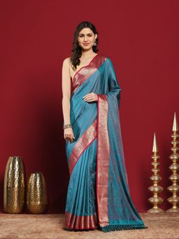 MEENA BAZAAR - Teal Art Silk Woven Saree with Unstitched Blouse Piece
