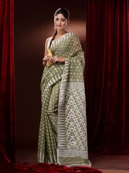 CHARUKRITI - Olive Green Silk Cotton Handwoven Jamdani Saree with Woven Designs and Motifs