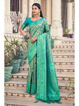 Sangam Prints - Green Silk Woven Zari Work Traditional Tassel Saree with Unstitched Blouse