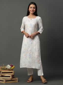 Aurelia - Women White Floral Rayon Kurta