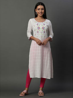 Aurelia - Women White Checks Cotton Kurta