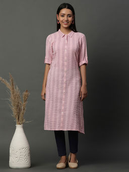 Aurelia - Women Pink Stripes Rayon Kurta