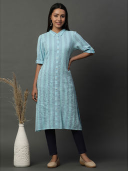 Aurelia - Women Blue Stripes Rayon Kurta