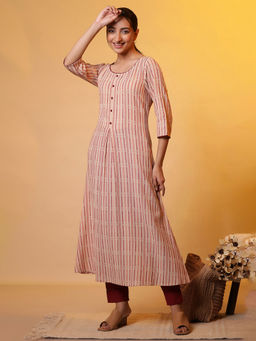 Aurelia - Women Beige Stripes Cotton Kurta