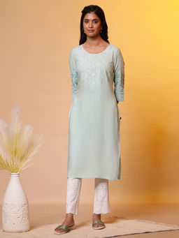 Aurelia - Women Blue Embroidered Rayon Kurta