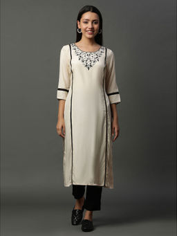 Aurelia - Women Beige Embroidered Rayon Kurta