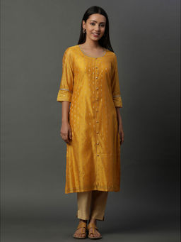 Aurelia - Women Mustard Embroidered Rayon Kurta