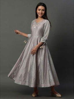 Aurelia - Women Grey Embroidered Rayon Maxi Dress