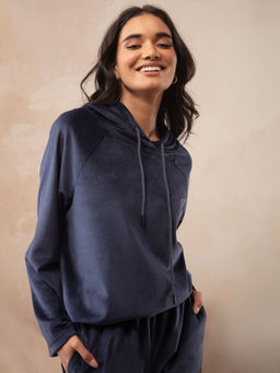 Nykd by Nykaa - Plush Velour Pullover Hoodie with Drawstring, Navy Blue - NYS052