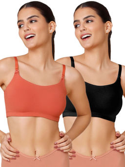 Nykd by Nykaa - Pack of 2 Cotton Slip-On Bras with Adjustable Straps, Black & Carrot - NYB165
