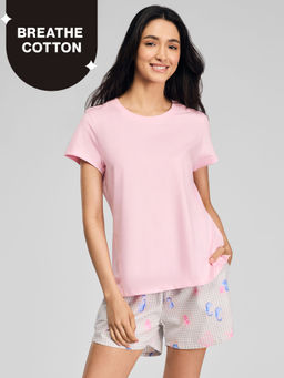 Nykd by Nykaa - Essential Cotton Shorts Co-ord Set With Crew Neck Cotton Knit Tee, Pink - NYS942
