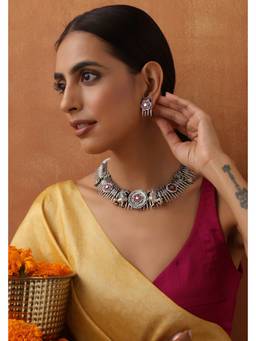 SWABHIMANN - Shabnam Red Silver Necklace with Earing