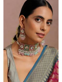 SWABHIMANN - Women Faem Multi-Color Polki Choker Necklace with Earring