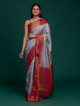Koskii - Grey Woven Art Silk Saree with Unstitched Blouse