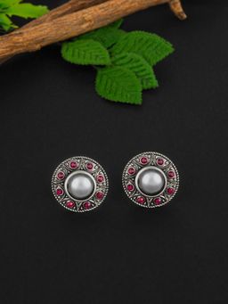E2O - Oxidised Silver-Plated Pearl Embellished-Studded Earrings