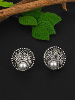 E2O - Oxidised Silver-Plated Peral Embellished-Studded Earrings