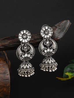 E2O - Antique Silver-Plated Studded Dome Shaped Jhumkas