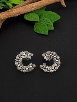 E2O - Oxidised Silver-Plated Peral Embellished-Studded Earrings