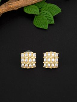E2O - Contemporary Golden Peral Embellished Stud Earrings for Women