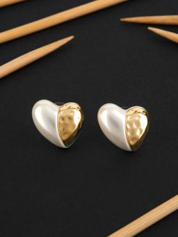 E2O - Contemporary Golden Peral Embellished Heart Shaped Stud Earrings for Women