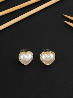 E2O - Contemporary Golden Peral Embellished Heart Shaped Stud Earrings for Women